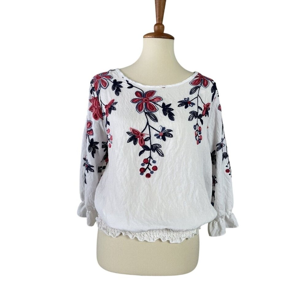 Sapphire Embroidered Floral Women's Medium Elastic Waist Blouse White Colorful